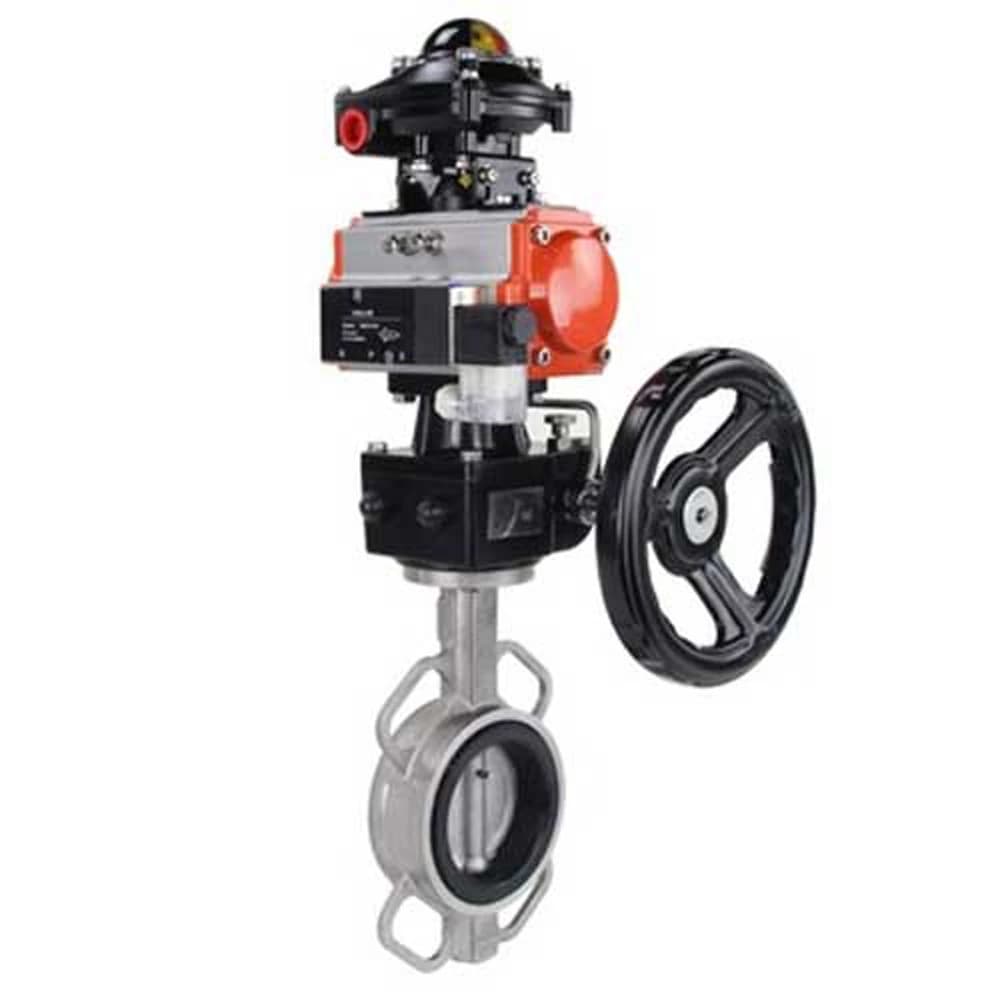 Затвор дисковый поворотный 316L-316L-VITON Ду100 Ру16, корпус и диск нержавеющая сталь 316L, уплотнение Viton, с пневмоприводом DA-083 двойного действия, с БКВ LSB-410-02ExM12-250, с ручным дублером HDM-2
