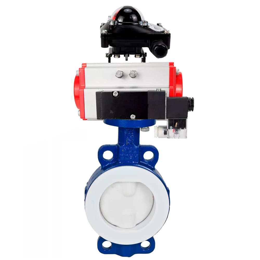 Затвор дисковый WCB-WCB-PTFE-PTFE-Fb-H Ду50 Ру16 корпус и диск углеродистая сталь WCB, футерованный PTFE, уплотнение PTFE, пневмопривод SA-083, пневмораспределителем PND2-S1EM-52-1NC-J08-220VAC и БКВ LSB-210-02NM12-220/24
