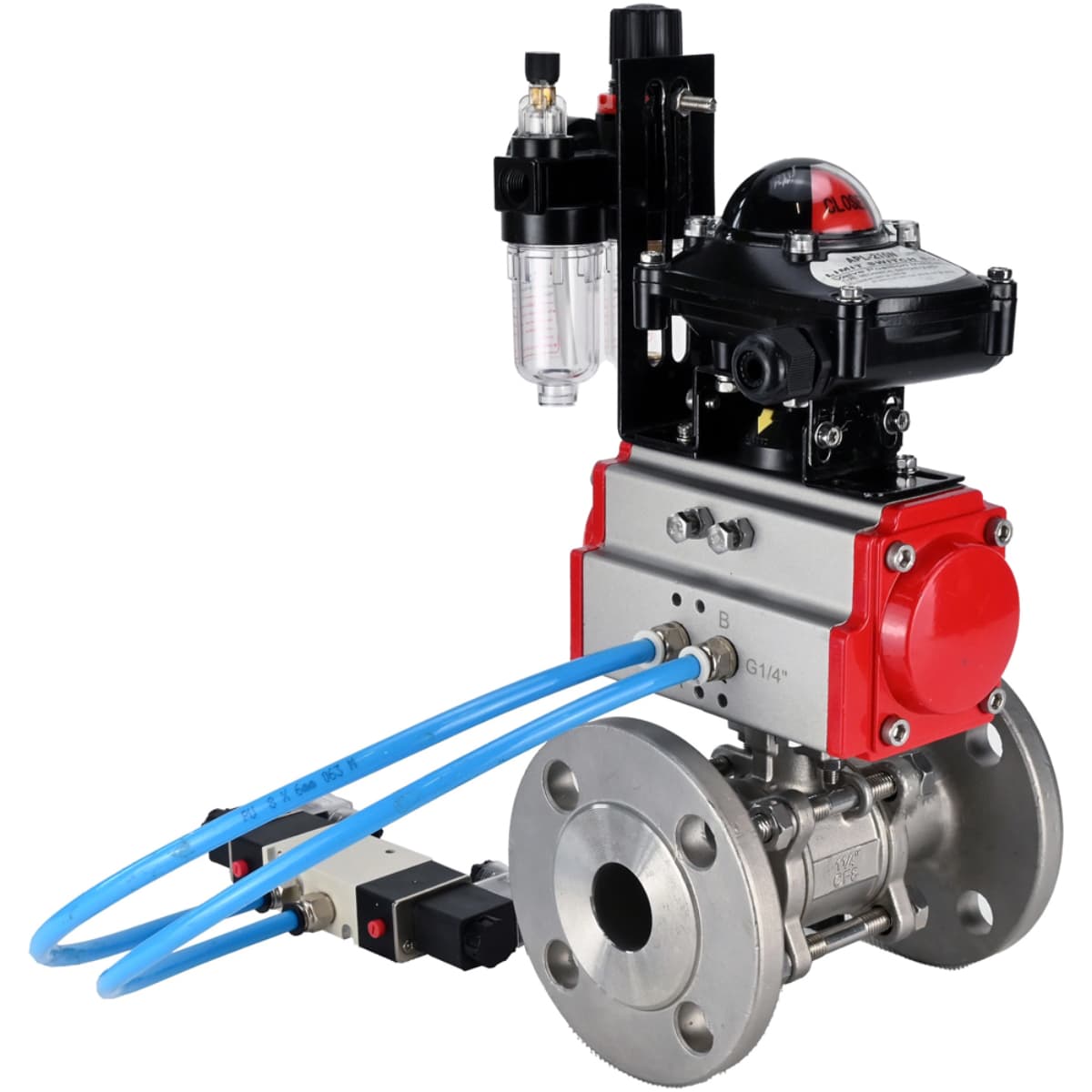 Кран шаровой КШФПТ 316.180 Ду50 Ру40 фланцевый, полнопроходной, 3-составной, корпус нержавеющая сталь 316, уплотнение PTFE, с пневмоприводом SA-083, пневмораспределителем PND1-S2EM-52-2-T10-220VAC, БКВ LSB-210-02NM12-220/24 и БПВ APU1-10-40-V08