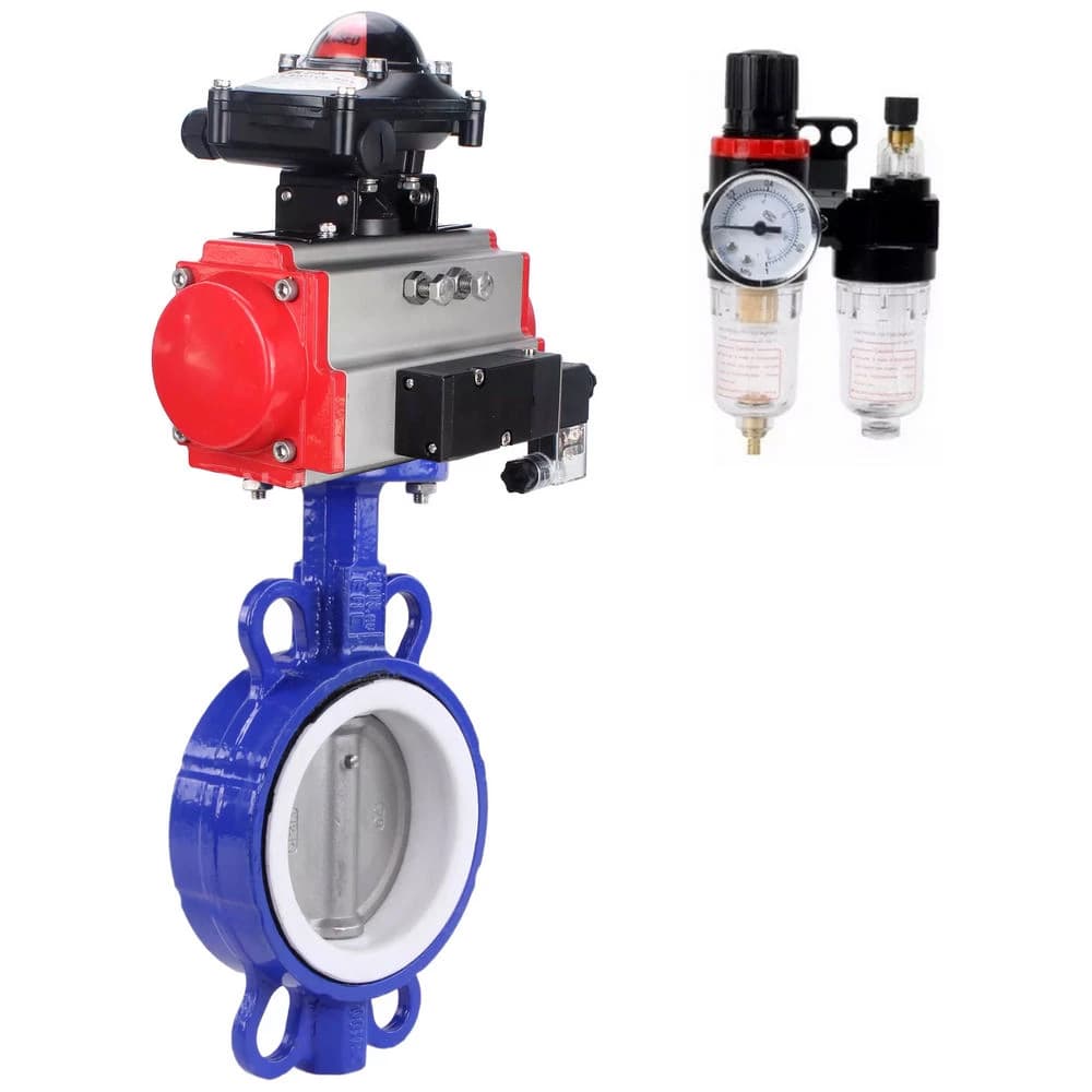 Затвор дисковый поворотный WCB-316-PTFE-2W-Fb Ду200 Ру16, корпус углеродистая сталь WCB, уплотнение PTFE, с пневмоприводом DA-140, с пневмораспределителем PND1-S2EM-52-2-T10-220VAC, БКВ LSB-210-02NM12-220/24, БПВ APU1-10-40-V08