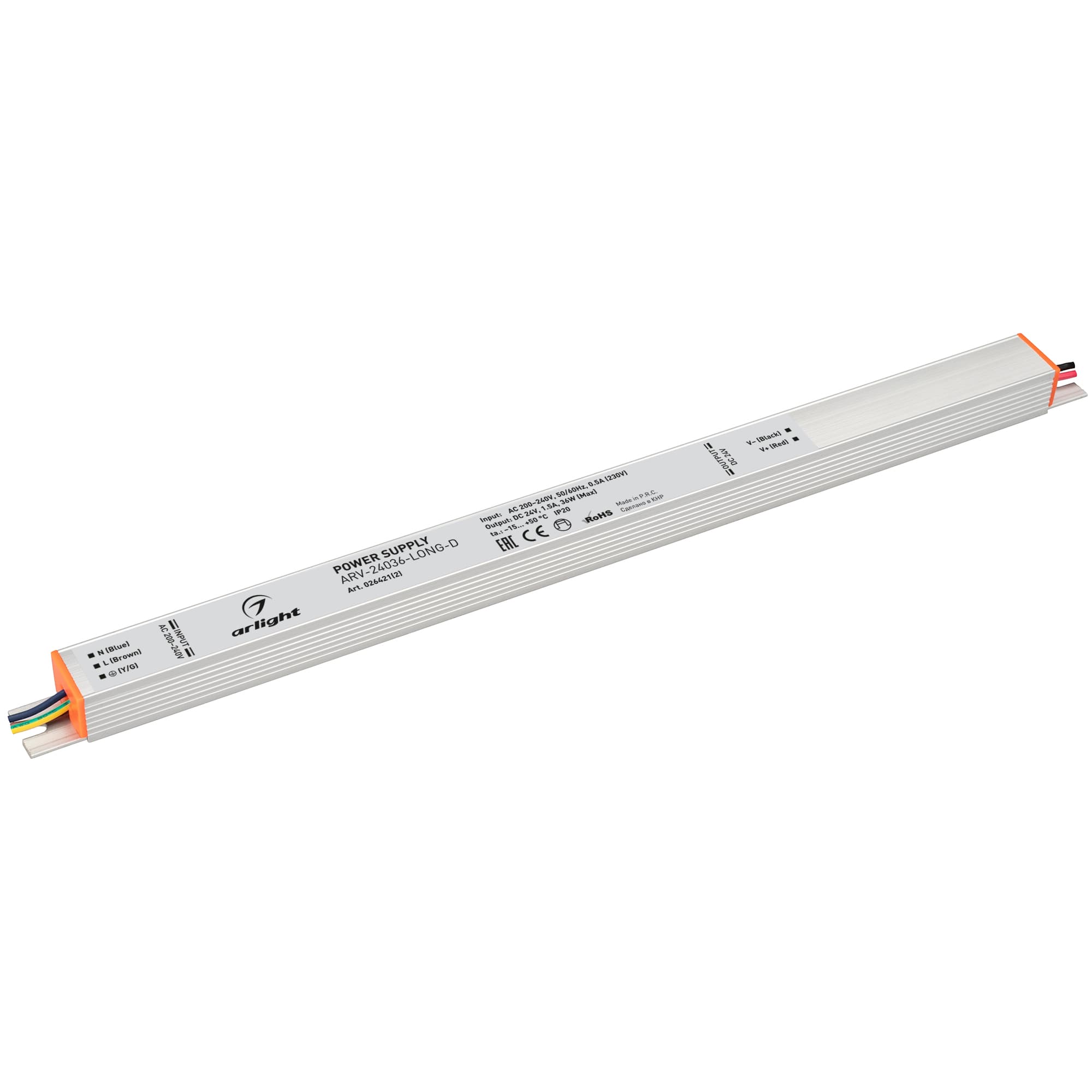Блок питания ARV-24036-LONG-D (24V, 1.5A, 36W) (ARL, для светодиодных лент, IP20 металл, 3 года)