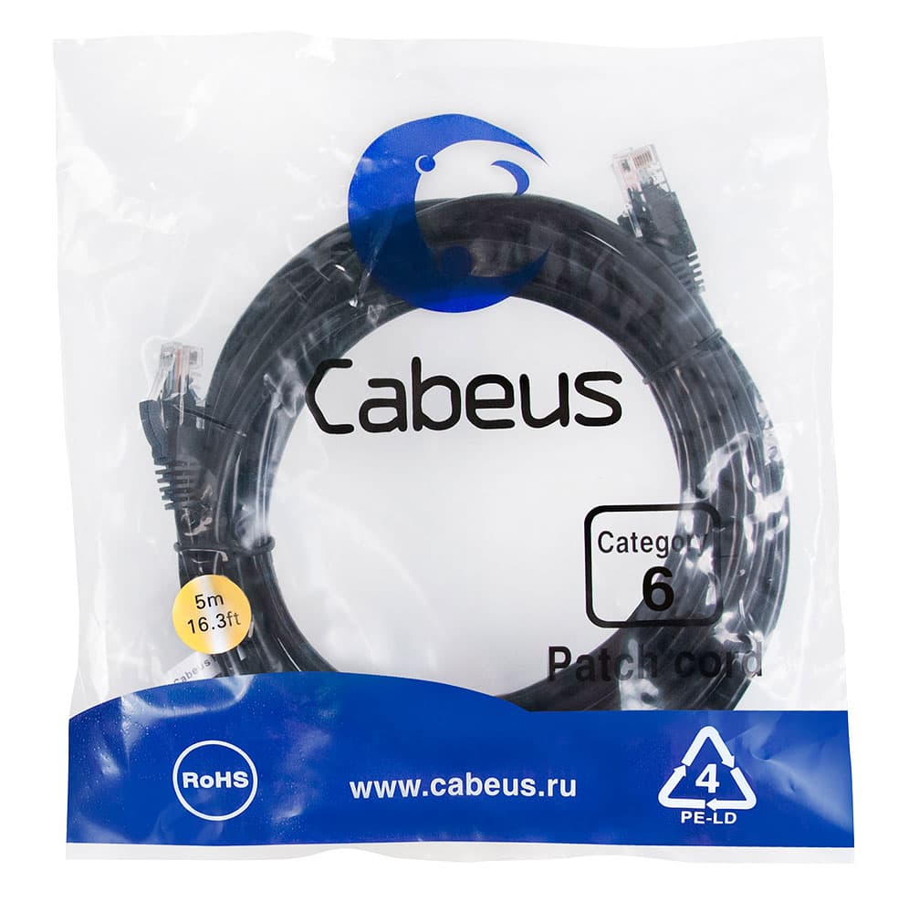 Патч-корд U/UTP, категория 6, 2xRJ45/8p8c, неэкранированный, черный, PVC, 5м