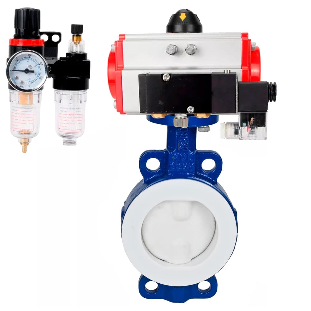 Затвор дисковый WCB-WCB-PTFE-PTFE-Fb-R Ду150 Ру16 корпус углеродистая сталь WCB, диск углеродистая сталь WCB, футерованный PTFE, уплотнение PTFE, пневмопривод SA-140, пневмораспределителем PND2-S1EM-52-1NC-J08-24VDC и БПВ APU1-10-40-V08