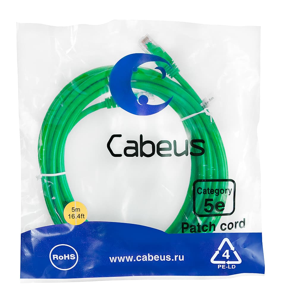 Патч-корд U/UTP, категория 5е, 2xRJ45/8p8c, неэкранированный, зеленый, PVC, 5м