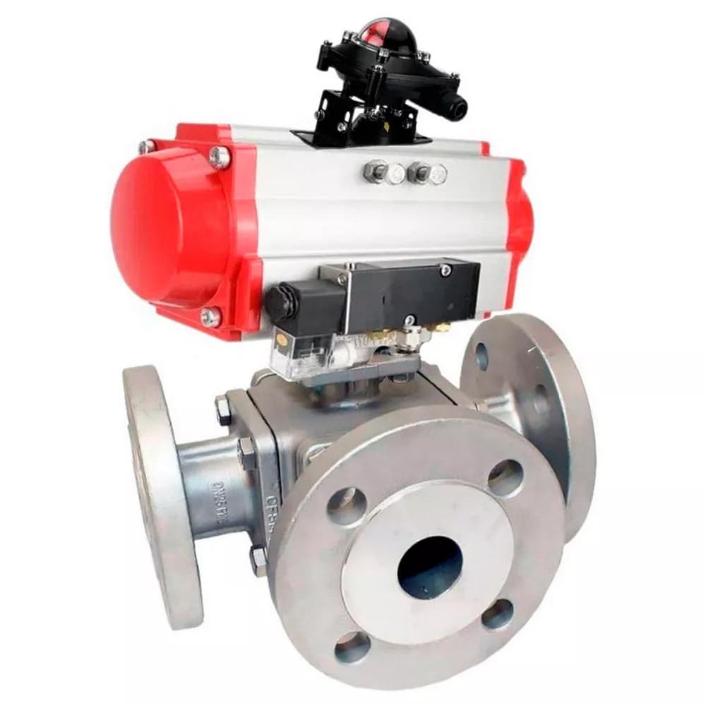 Кран шаровой 316-316-PTFE Ду80 Ру16 полнопроходной, тип L, фланцевый, нержавеющая сталь, ISO F07/F10, квадрат 19х19, пневмопривод SA-140 с возвратными пружинами, пневмораспределитель PND1-S2EM-52-2-T10-220VAC 220В, БКВ LSB-210-02NM12-220/24
