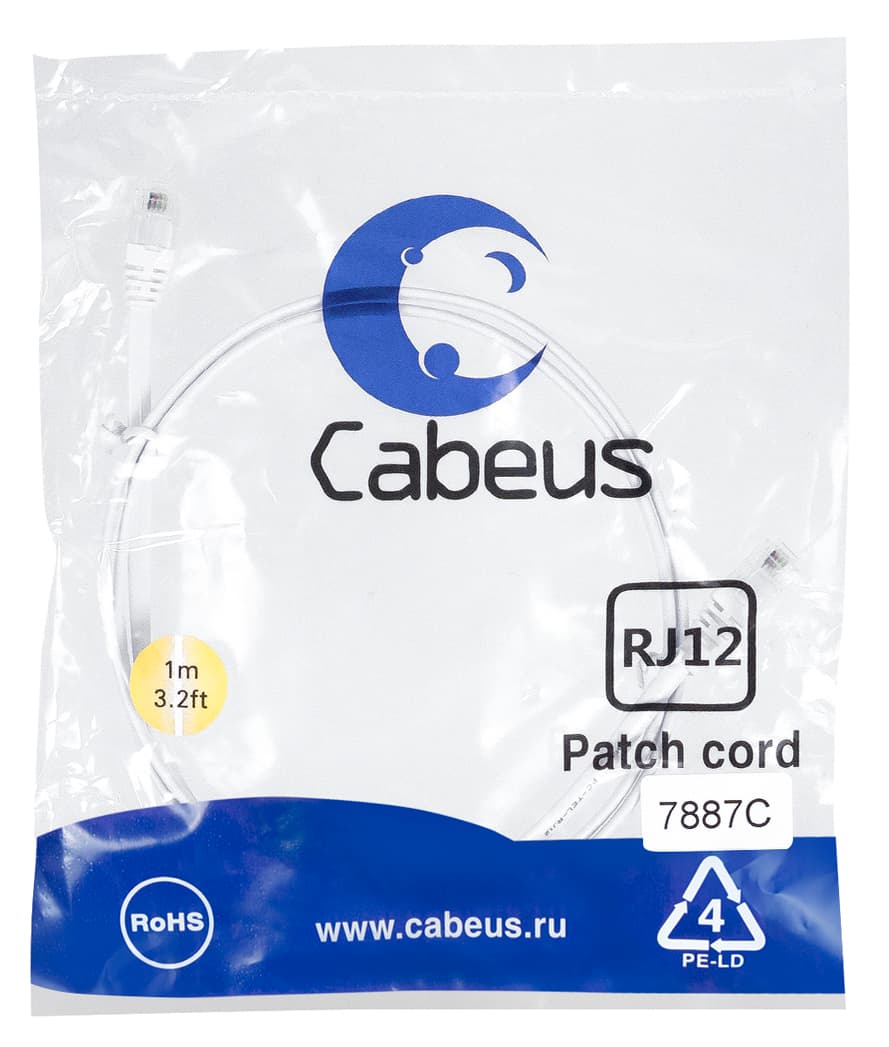 Патч-корд телефонный 2х6р4с, белый, PVC, 1 м