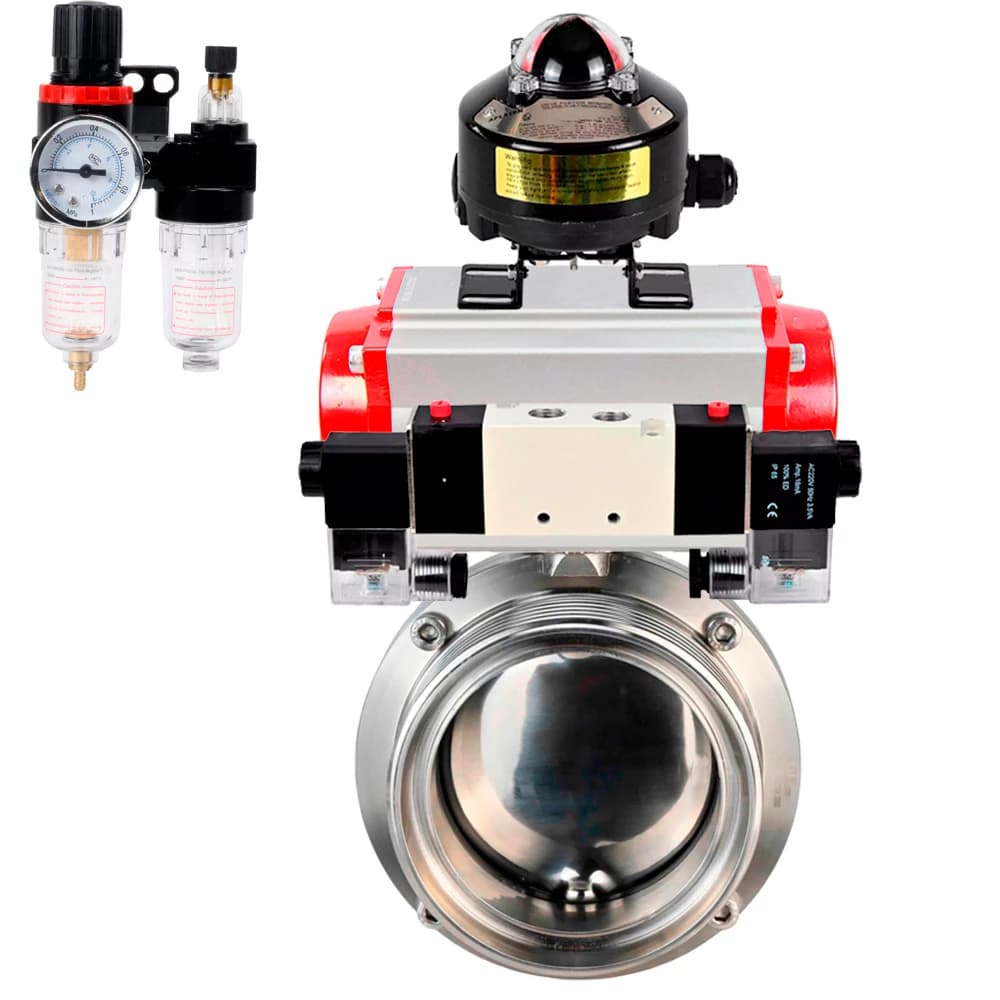 Затвор дисковый поворотный 304-304-Sil-2W-T-H Ду65 Ру10 пищевая нержавеющая сталь 304, уплотнение Silicon, с пневмоприводом DA-065, пневмораспределителем PND1-S2EM-52-2-T10-220VAC, БКВ LSB-510-02ExM12-250 и БПВ APU1-10-40-V08