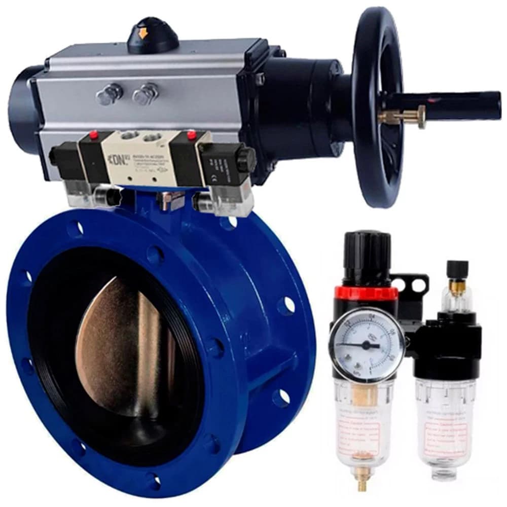 Затвор дисковый поворотный GGG40-304-EPDM-2W-F Ду100 Ру16, фланцевый, корпус чугун GGG40, диск нержавеющая сталь 304, уплотнение EPDM, с пневмоприводом DA-105-1, с пневмораспределителем PND1-S2EM-52-2-T10-220VAC, БПВ APU1-10-40-V08