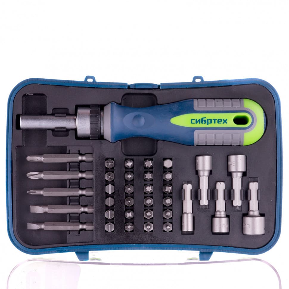 Отвертка-реверс + биты, 35 пред., PH + SL + Torx + PZ + Hex + Sq, CrV,  3к рукоятка