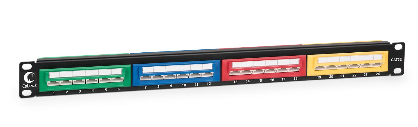 Патч-панель IDC 19' (1U), 24 порта RJ-45, категория 5e, Dual IDC, угол портов 45 градусов, цветные блоки