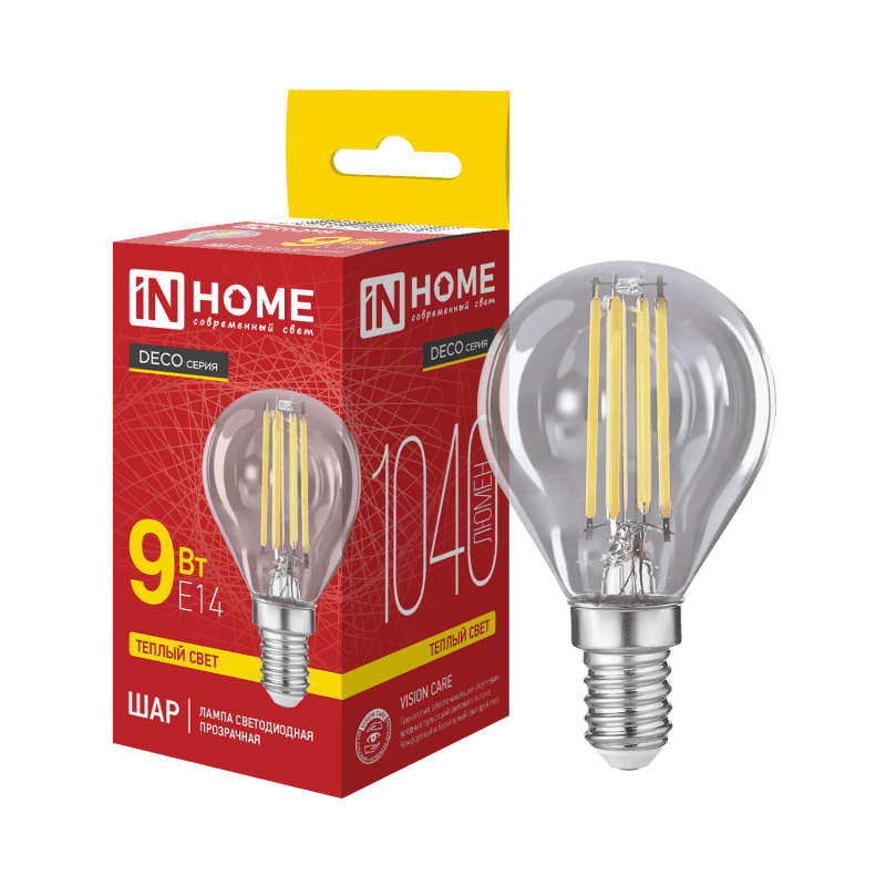 Лампа светодиодная LED-ШАР-deco 9Вт 230В 230В Е14 3000К 1040Лм прозрачная IN HOME