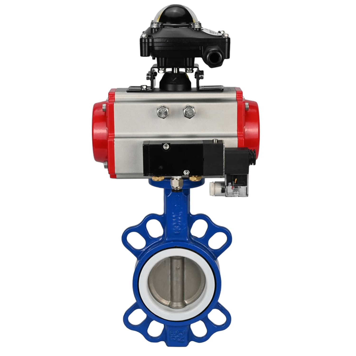 Затвор дисковый поворотный WCB-316L-PTFE Ду65 Ру16, корпус углеродистая сталь WCB, диск нержавеющая сталь 316L, уплотнение PTFE, пневмопривод SA-105, пневмораспределитель PND2-S1EM-52-1NC-J08-220VAC, с БКВ LSB-210-02NM12-220/24