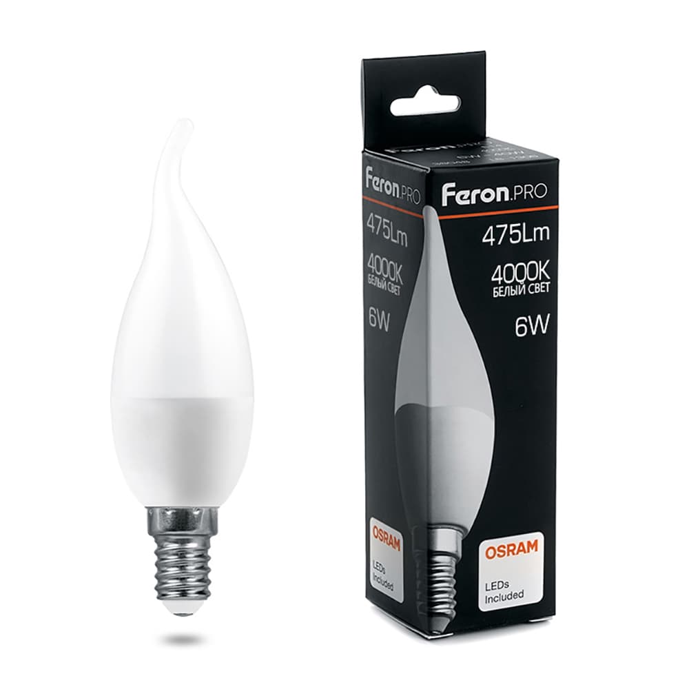Лампа светодиодная LED 6вт Е14 белый матовая свеча на ветру .PRO
