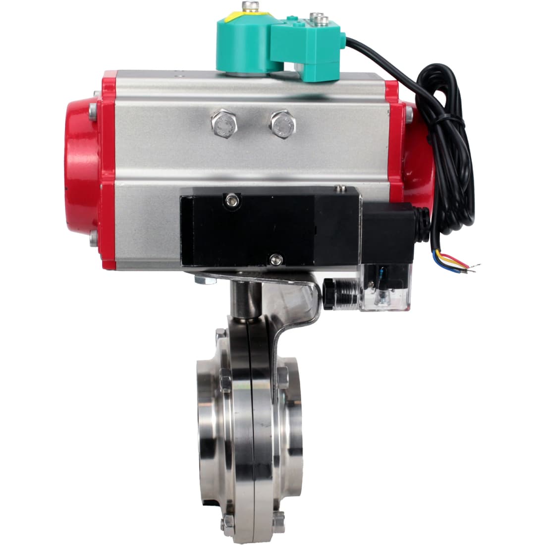 Затвор дисковый поворотный 304-304-Sil-2W-W-H Ду15 Ру10 под приварку, корпус пищевая нержав.сталь 304, уплотнение Silicon, с пневмоприводом SA-065, пневмораспределителем PND1-S2EM-52-2-T10-220VAC и магнитным переключателем МППП-200