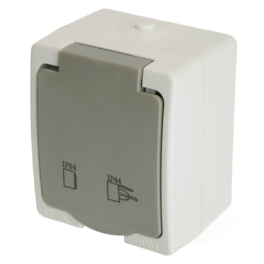 Розетка 1-местная с крышкой с/з 250В 16А IP54 серия Велена белый/серый STEKKER