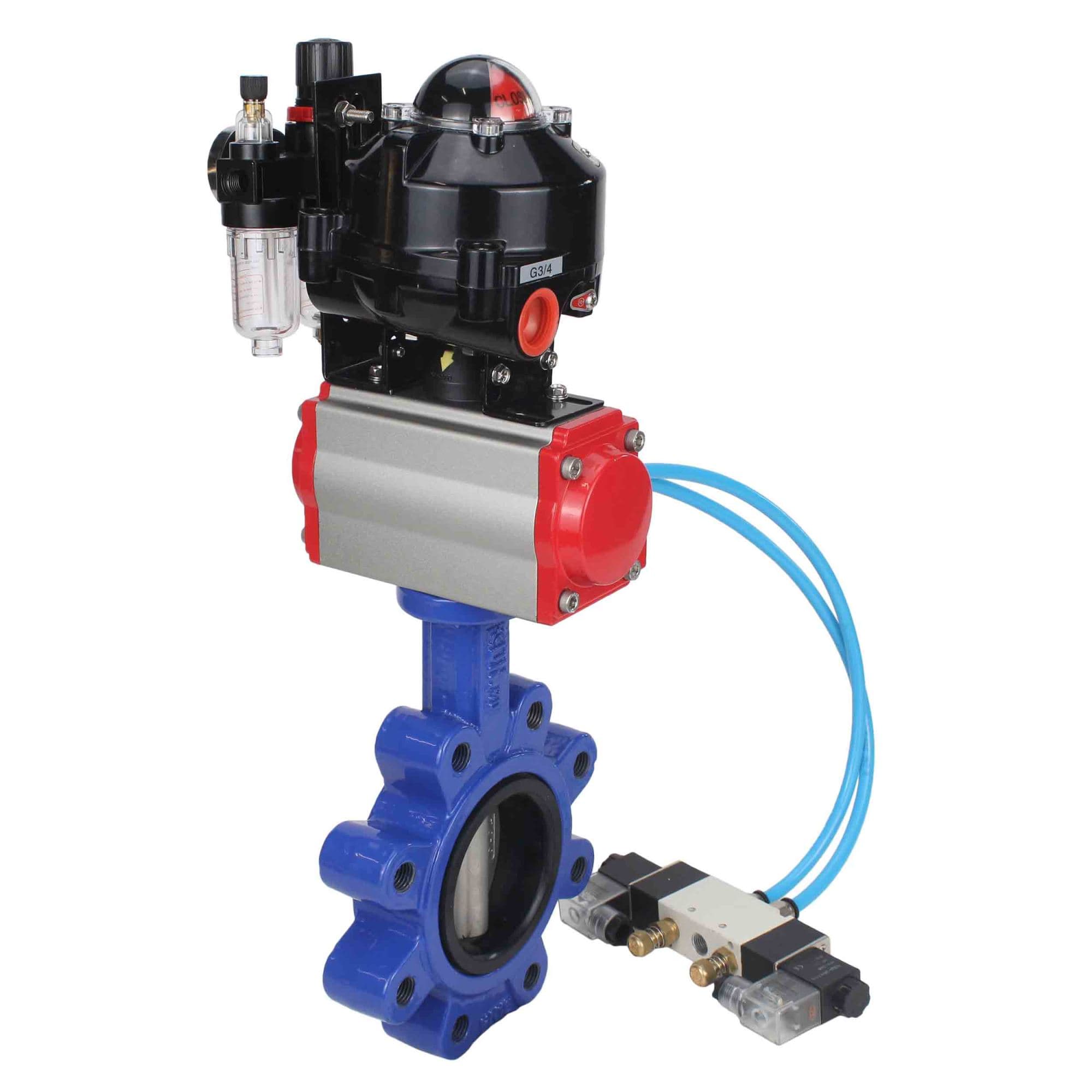 Затвор дисковый поворотный QT450-304-NBR-2W-Fb-H Ду125 Ру16 чугун QT450, диск нержавеющая сталь 304, уплотнение NBR, пневмопривод DA-105, пневмораспределитель PND1-S2EM-52-2-T08-220VAC, БКВ LSB-510-02ExM12-250 и БПВ APU1-10-40-V08