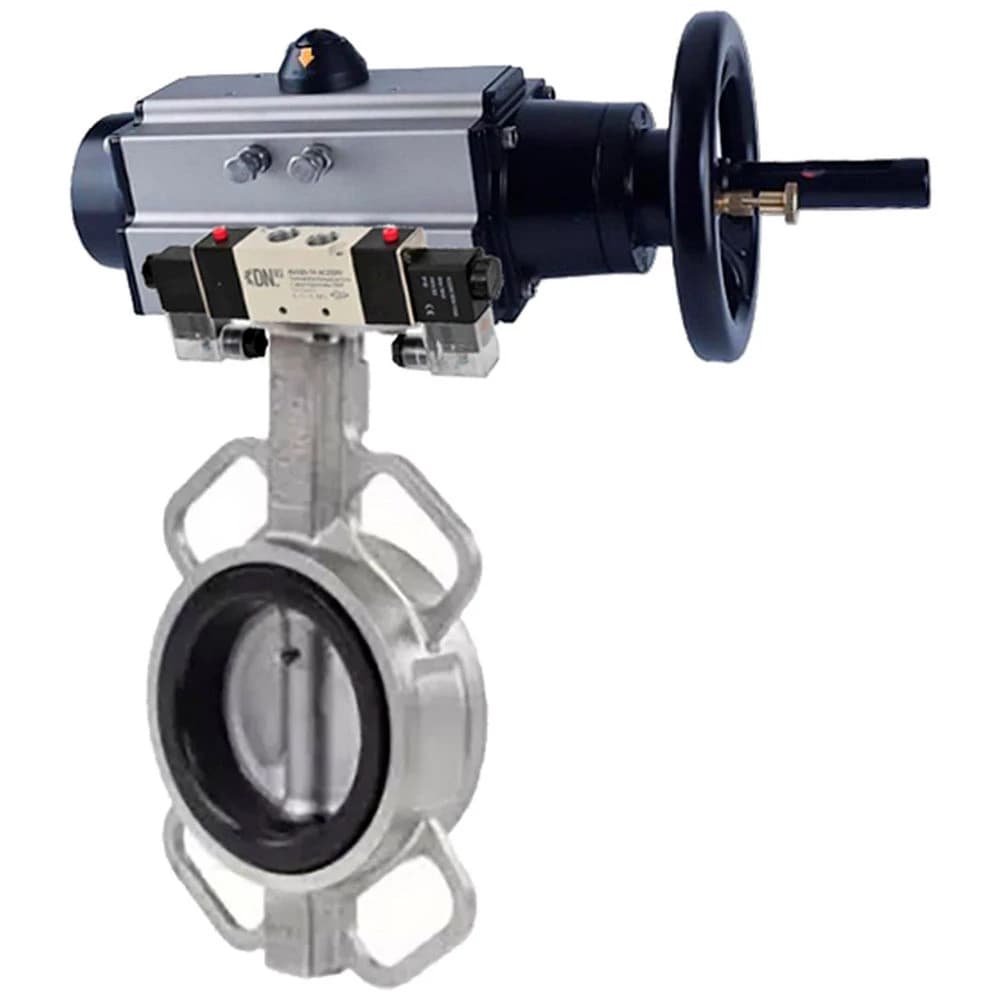 Затвор дисковый поворотный 304-304-VITON-2W-Fb Ду125 Ру16, корпус нержавеющая сталь 304, диск нержавеющая сталь 304, уплотнение VITON, с пневмоприводом DA-105-1, с пневмораспределителем PND1-S2EM-52-2-T08-220VAC