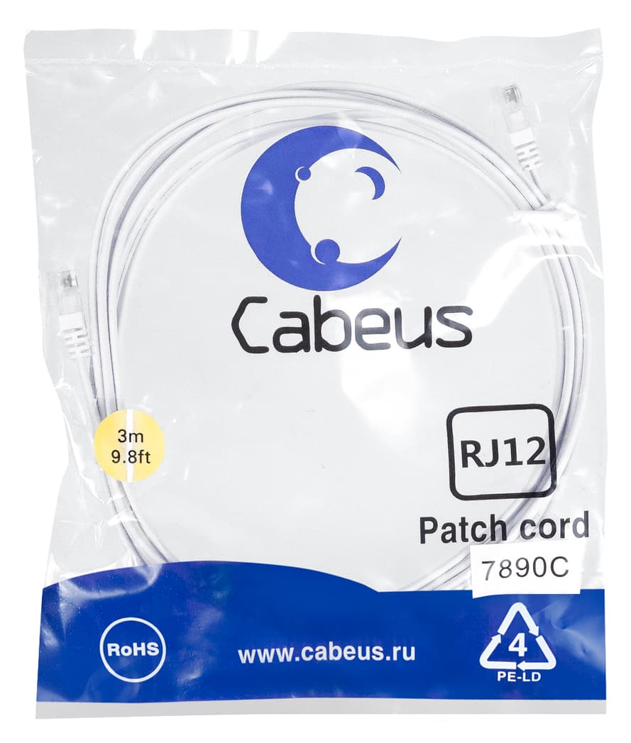 Патч-корд телефонный 2х6р4с, белый, PVC, 3 м