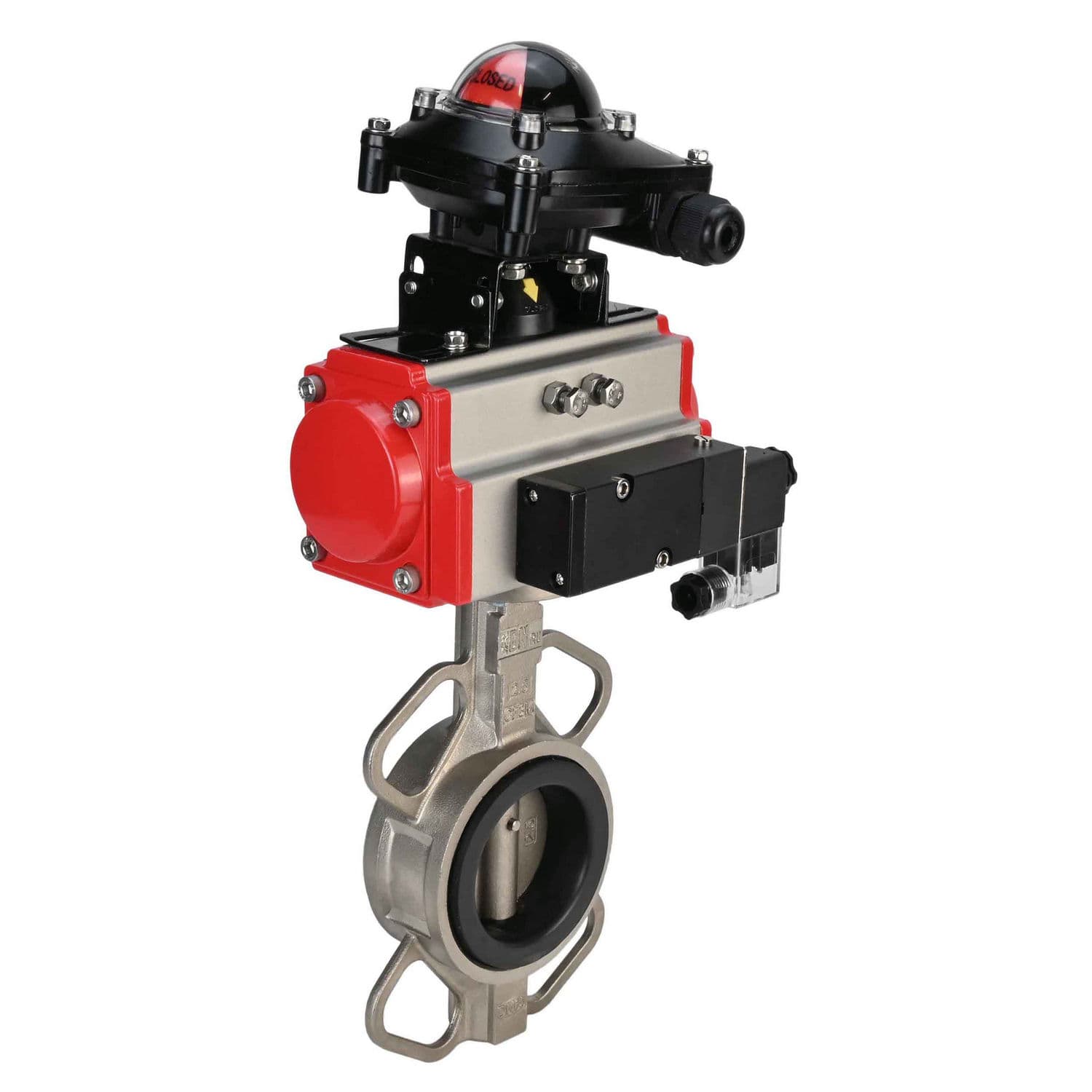 Затвор дисковый поворотный 316L-316L-EPDM Ду40 Ру16, корпус и диск нержавеющая сталь 316L, уплотнение EPDM, пневмопривод DA-052, пневмораспределитель PND2-S1EM-52-1NC-J08-220VAC, с БКВ LSB-210-02NM12-220/24