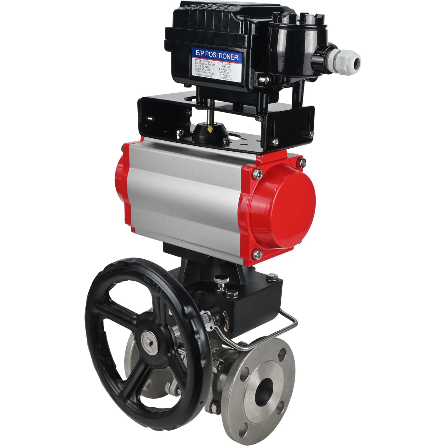 Кран шаровой КШФПТ.316.180 Ду100 Ру16, трехсоставной полнопроходной фланцевый, нержавеющая сталь SS316, PTFE, пневмопривод DA-130, ручной дублёр HDM-3, электропневматический поворотный позиционер EPRP1-NU-Fb-08 с обратной связью