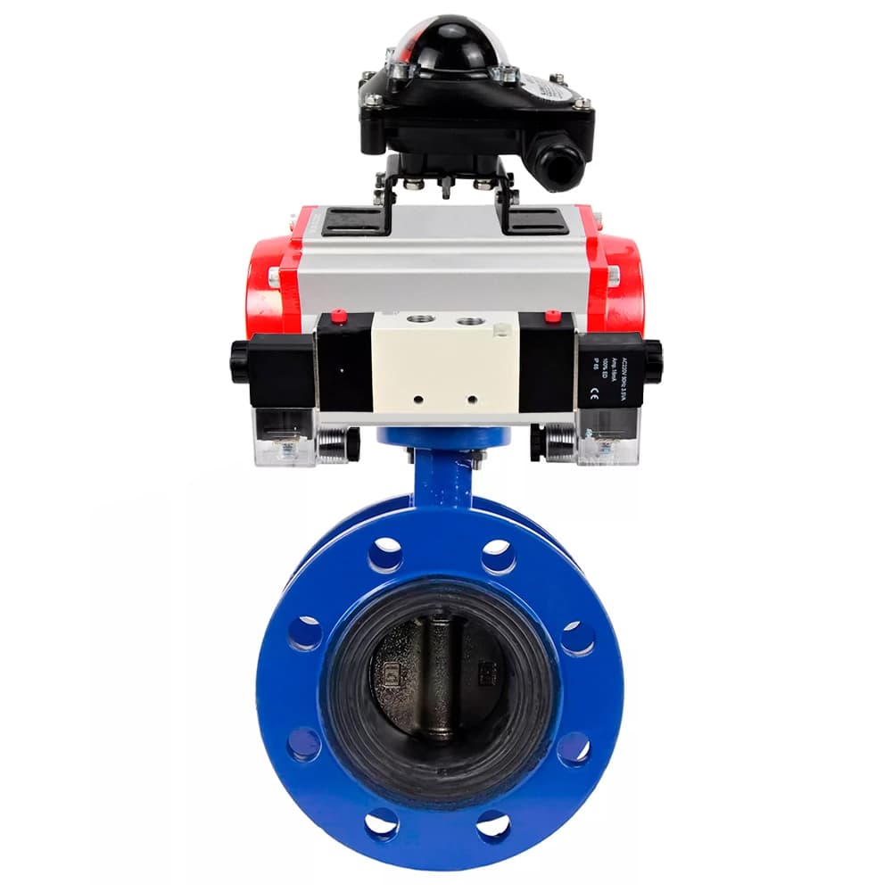 Затвор дисковый поворотный GGG40-304-EPDM-2W-F-H Ду50 Ру16 чугун GGG40, диск нержавеющая сталь 304, уплотнение EPDM, с пневмоприводом DA-105, пневмораспределителем PND1-S2EM-52-2-T08-220VAC и БКВ LSB-210-02NM12-220/24