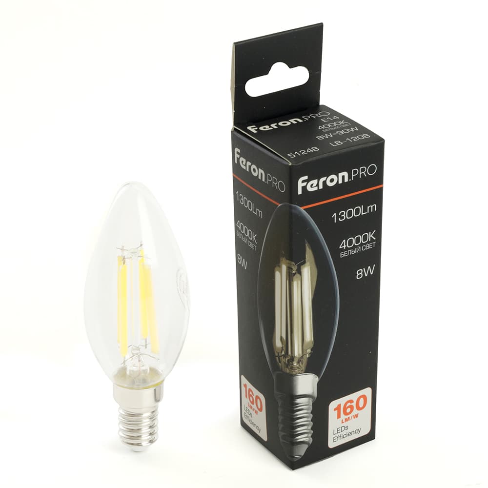 Лампа светодиодная LED 8вт Е14 белый свеча FILAMENT .PRO