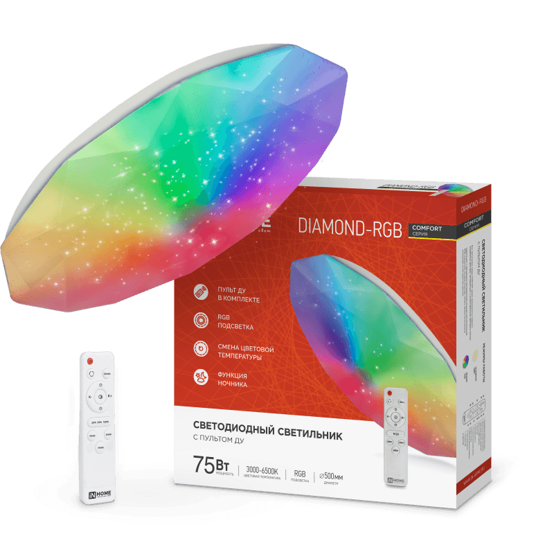 Светильник светодиодный COMFORT DIAMOND-RGB 75Вт 230В 3000-6500K 6000Лм 500x105мм с пультом ДУ IN HOME