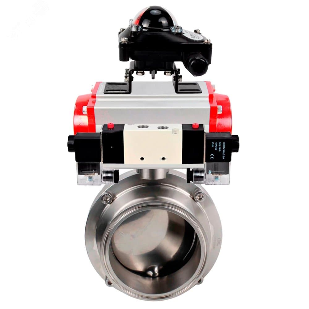 Затвор дисковый поворотный кламповый 304-304-Sil-2W-C-H Ду20 Ру10 корпус пищевая нержавеющая сталь 304, уплотнение – Silicon, с пневмоприводом DA-052, пневмораспределителем PND1-S2EM-52-2-T08-220VAC и БКВ LSB-210-02NM12-220/24