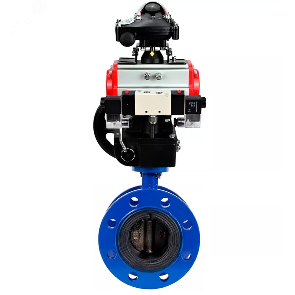 Затвор дисковый поворотный GGG40-304-EPDM-2W-F-H Ду200 Ру16 чугун GGG40, диск нержавеющая сталь 304, EPDM, с пневмоприводом DA-140, пневмораспределителем PND1-S2EM-52-2-T10-220VAC, БКВ LSB-210-02NM12-220/24 и ручным дублером HDM-4