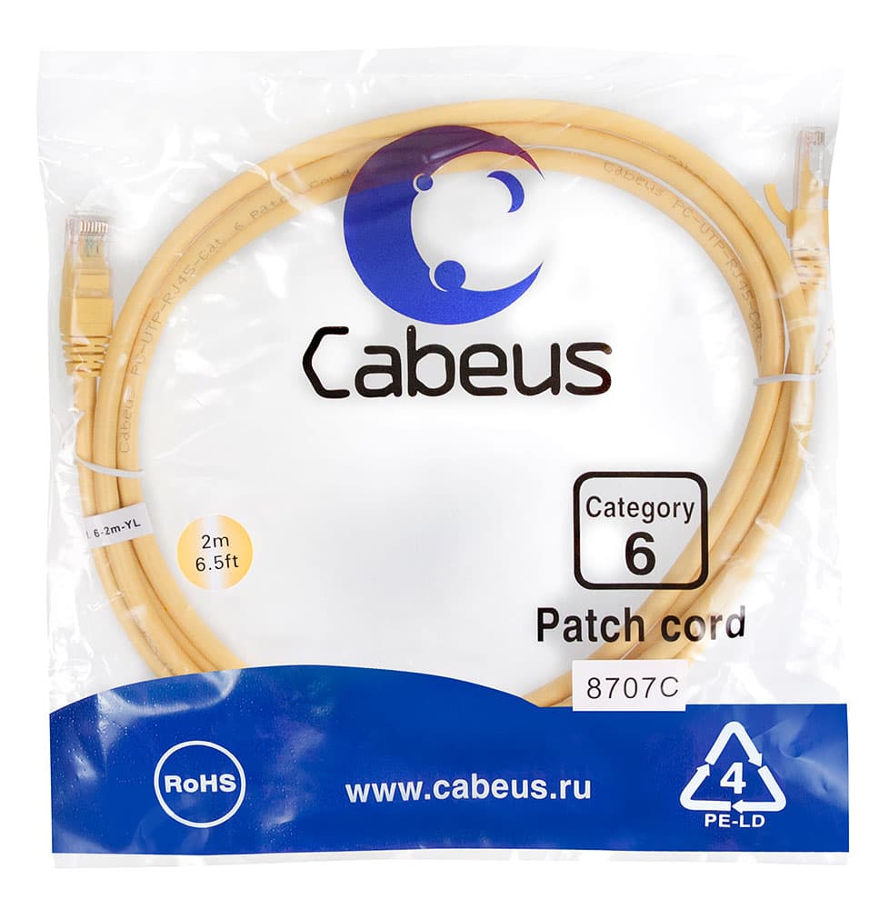Патч-корд U/UTP, категория 6, 2xRJ45/8p8c, неэкранированный, желтый, PVC, 2м