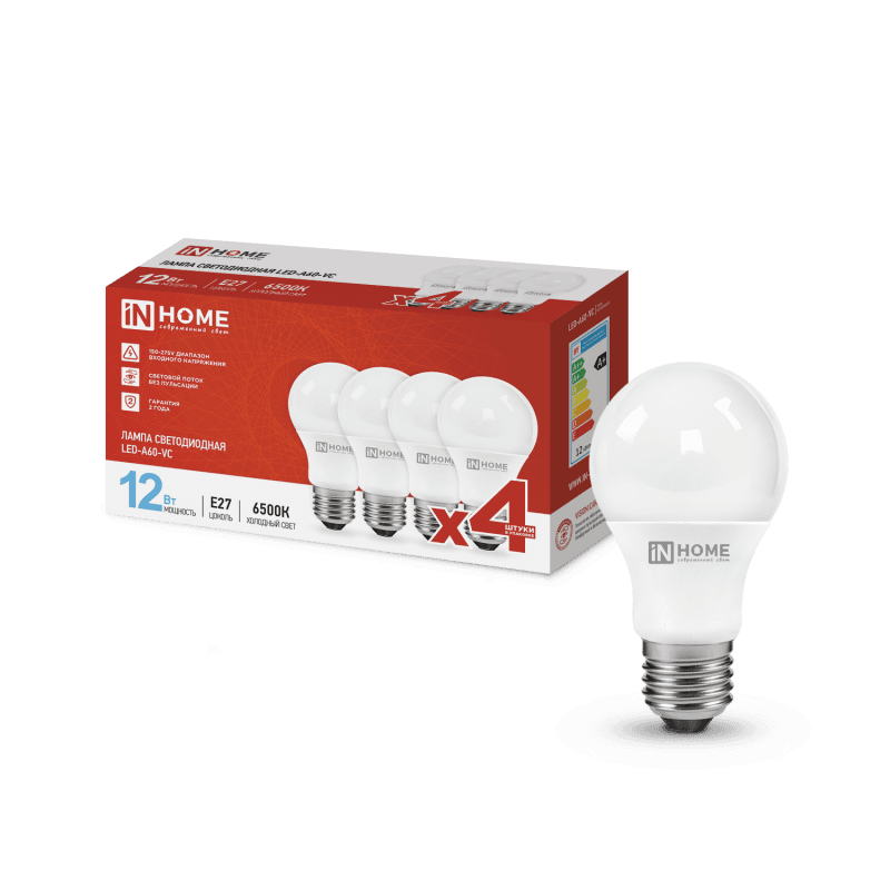 Лампа светодиодная LED-A60-VC 4PACK 12Вт 230В Е27 6500К 1140Лм (4шт./упак) IN HOME