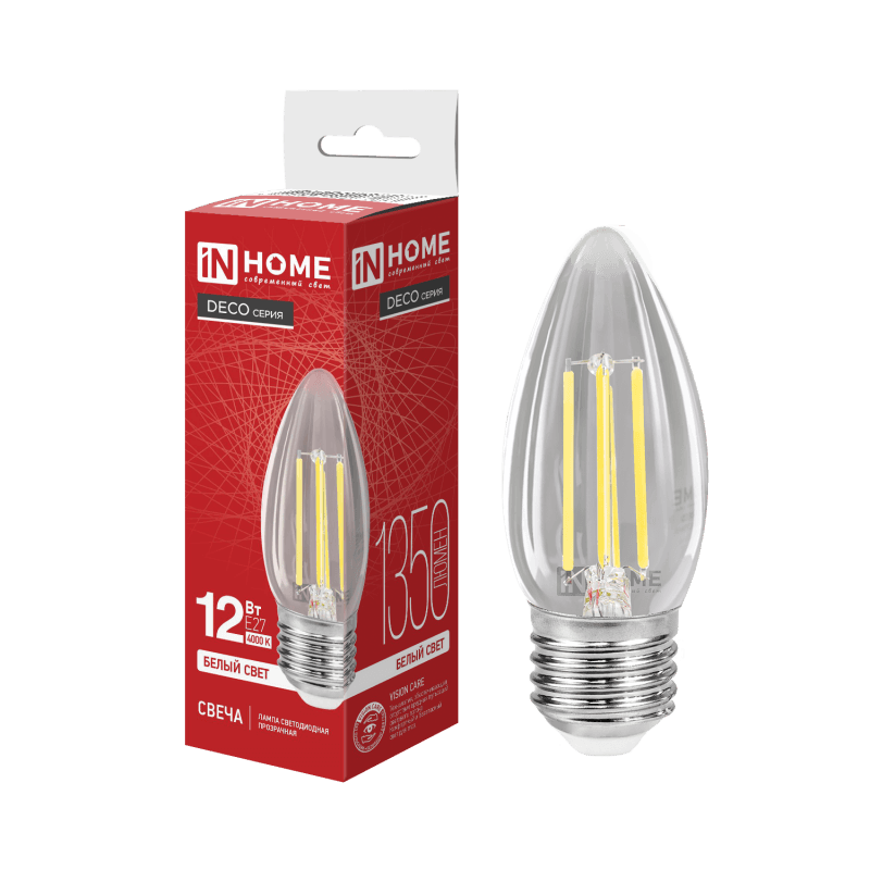 Лампа светодиодная LED-СВЕЧА-deco 12Вт 230В Е27 4000К 1350Лм прозрачная IN HOME