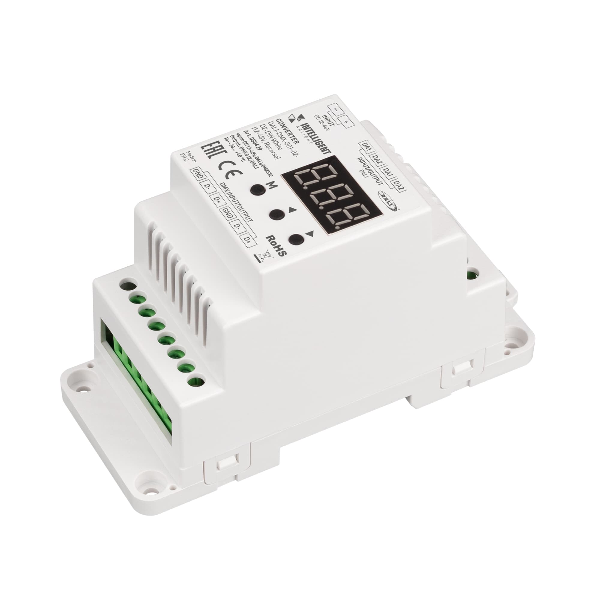 Конвертер INTELLIGENT ARLIGHT DALI-DMX-301-82-D2-DIN White (12-48V, Reverse) (ARL, IP20 Пластик, 5 лет)