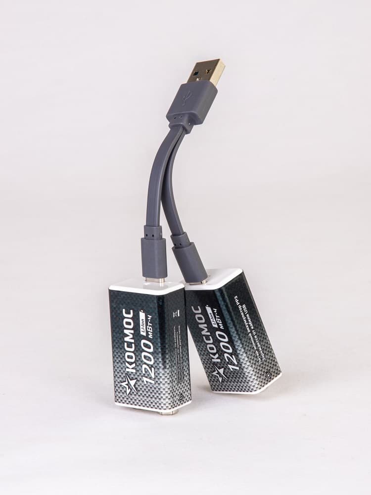Аккумулятор 18650 Li-ion перезаряжаемый  9V Крона 1200 мАч зарядка от USB Type-C с кабелем для быстрой зарядки упаковка 2 штуки
