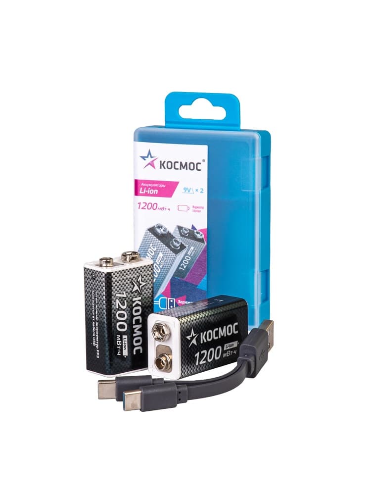 Аккумулятор 18650 Li-ion перезаряжаемый  9V Крона 1200 мАч зарядка от USB Type-C с кабелем для быстрой зарядки упаковка 2 штуки