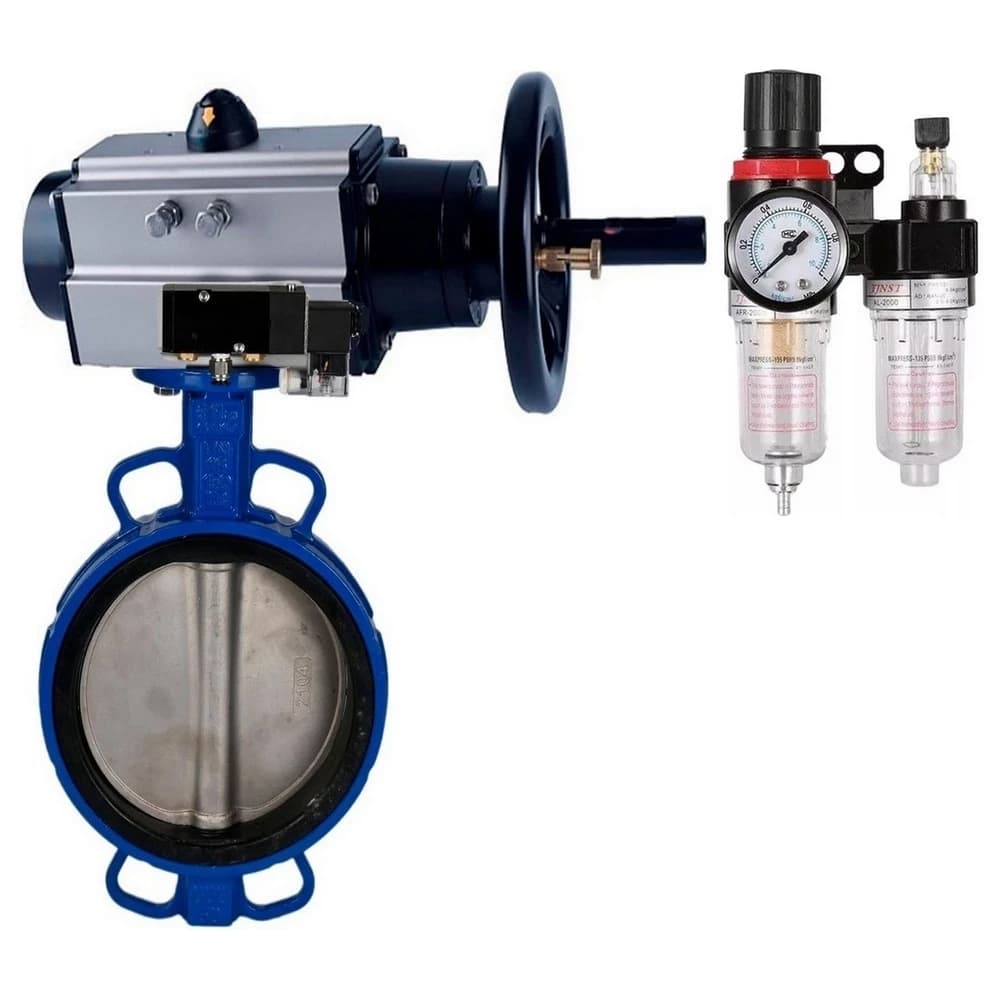 Затвор дисковый поворотный GGG50-316L-EPDM Ду150 Ру16, корпус чугун GGG50, уплотнение EPDM, с пневмоприводом DA-105-1 двойного действия, с пневмораспределителем PND2-S1EM-52-1NC-J08-24VDC, с БКВ LSB-510-02ExM12-250