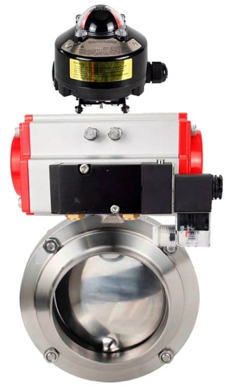 Затвор дисковый поворотный 304-304-Sil-2W-W-H Ду65 Ру10 пищевая нержавеющая сталь 304, уплотнение Silicon, с пневмоприводом DA-065, пневмораспределителем PND2-S1EM-52-1NC-J08-220VAC и БКВ LSB-510-02ExM12-250