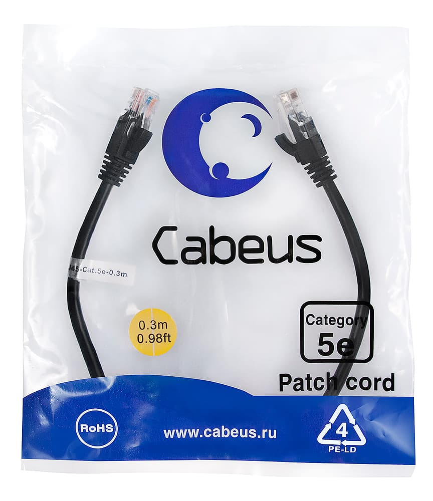 Патч-корд U/UTP, категория 5е, 2xRJ45/8p8c, неэкранированный, черный, PVC, 0.3м