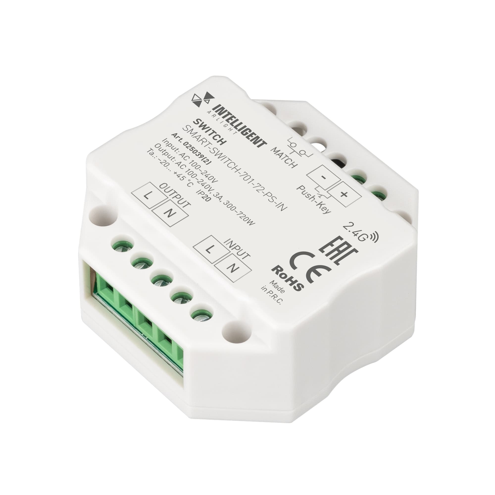 Релейный модуль  INTELLIGENT ARLIGHT SMART-SWITCH-701-72-PS-IN  (230V, 1x3A, 2.4G) (IARL, IP20 Пластик, 5 лет)