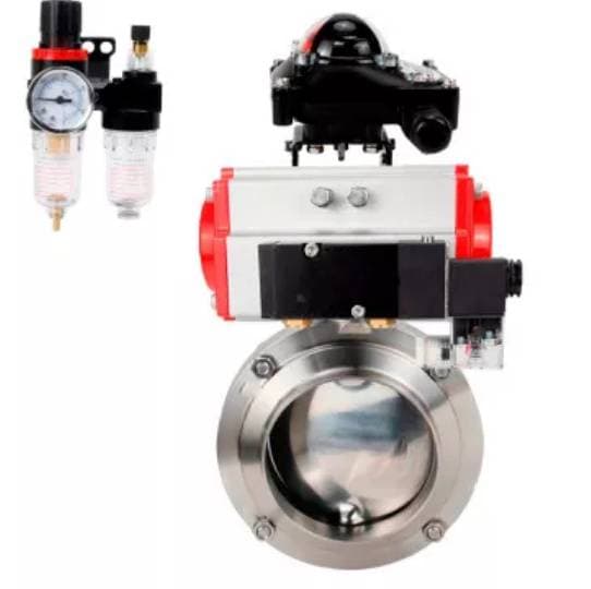 Затвор дисковый поворотный 304-304-Sil-2W-W-H Ду65 Ру10 под приварку, пищевая нержавеющая сталь 304, уплотнение – Silicon, пневмопривод DA-052, пневмораспределитель PND1-S2EM-52-2-T10-220VAC, БКВ LSB-210-02NM12-220/24 и БПВ APU1-10-40-V08