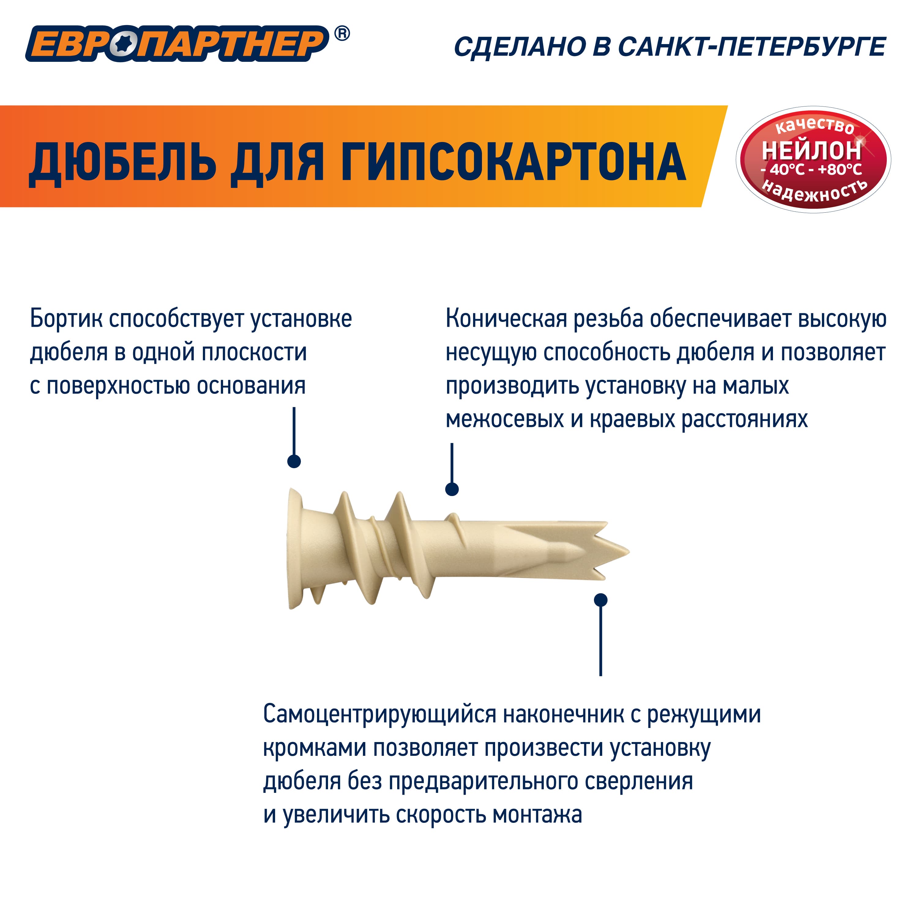 Дюбель для гипсокартона 14х39 нейлон (800 шт)