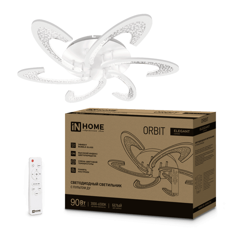 Светильник светодиодный ELEGANT ORBIT 90Вт 230В 3000-6500K 7000Лм 725х635х90мм c пультом ДУ белый IN HOME