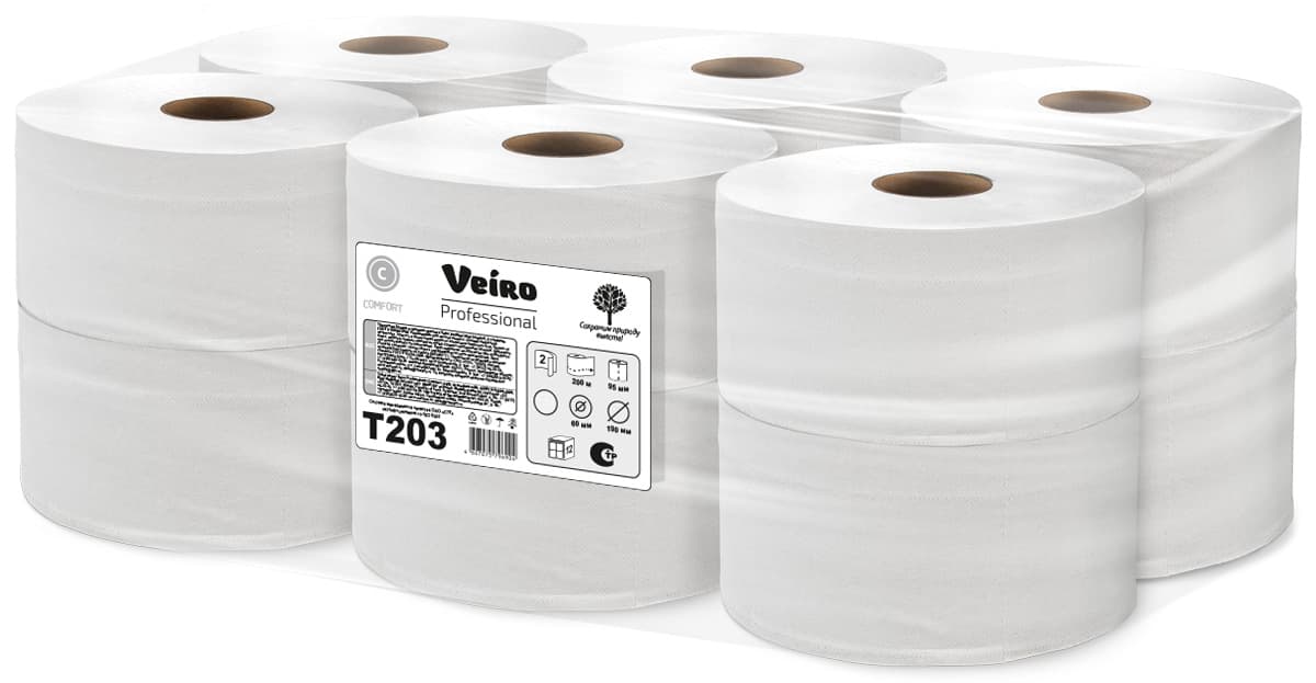 Туалетная бумага двуслойная в средних рулонах Veiro Professional Comfort, 12 рулонов по 200 метров