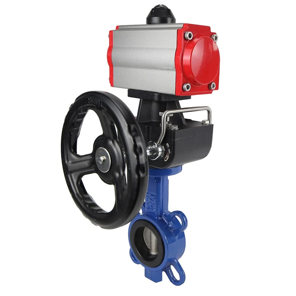 Затвор дисковый поворотный WCB-316L-VITON Ду50 Ру16, корпус углеродистая сталь WCB, диск нержавеющая сталь 316L, уплотнение Viton, с пневмоприводом DA-065, с пневмораспределителем PND1-S2EM-52-2-T08-220VAC, с ручным дублером HDM-1
