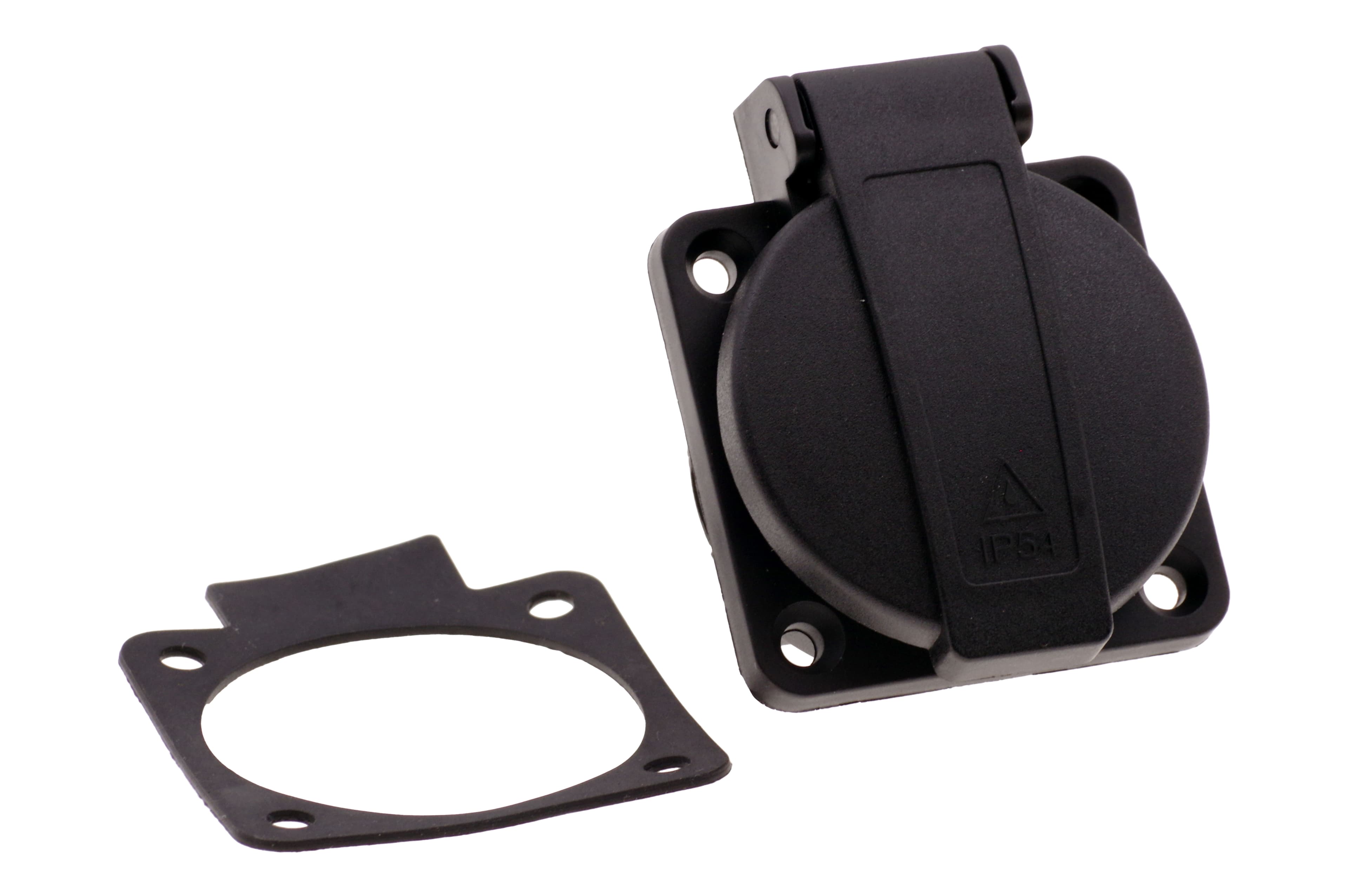 Розетка встраиваемая 16A/250V/2P+E/IP54 подключение сзади 50х50 черная