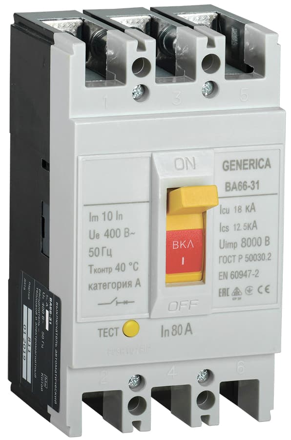 Выключатель автоматический ВА66-31 3Р 80А 18кА GENERICA