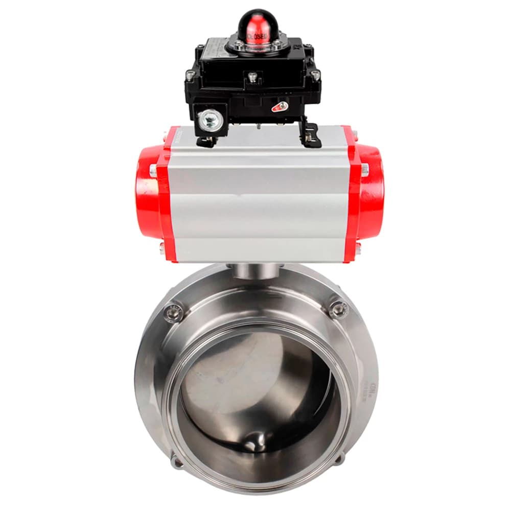 Затвор дисковый поворотный кламповый 304-304-Sil-2W-C-H Ду32 Ру10 корпус пищевая нержавеющая сталь 304, уплотнение Silicon, с пневмоприводом SA-065 и БКВ LSB-410-02ExM12-250