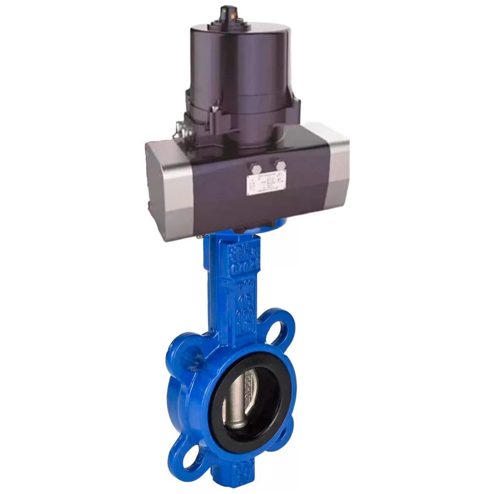 Затвор дисковый поворотный GGG50-316L-EPDM Ду50 Ру16 корпус чугун GGG50, диск нержавеющая сталь 316L, уплотнение EPDM, с электроприводом (сервоприводом) ЭПВП-003 220В с пружинным возвратом