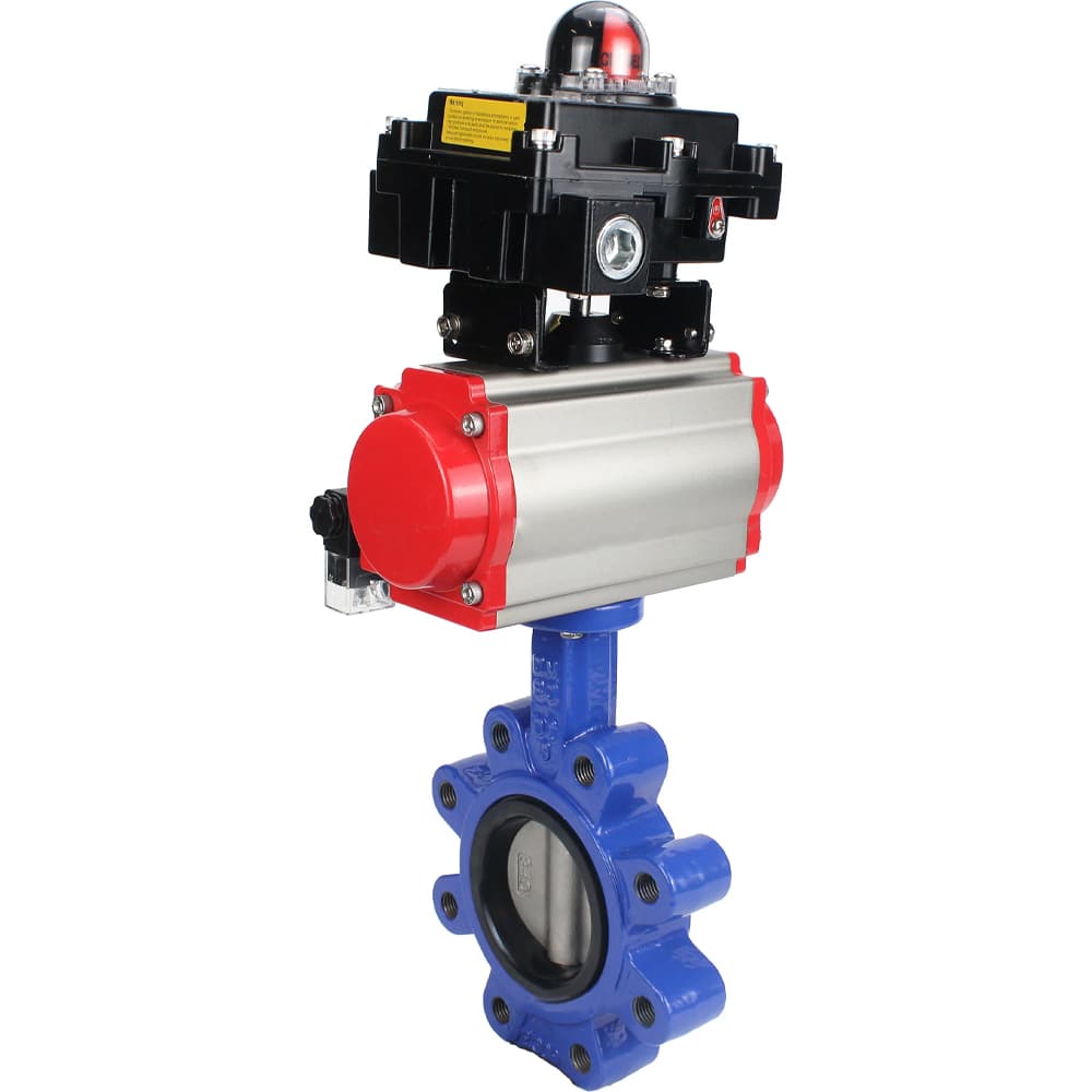 Затвор дисковый поворотный QT450-304-EPDM-2W-Fb-H Ду100 Ру16 чугун QT450, диск нержавеющая сталь 304, уплотнение EPDM, пневмопривод SA-130, пневмораспределитель PND2-S1EM-52-1NC-J08-220VAC и БКВ LSB-410-02ExM12-250