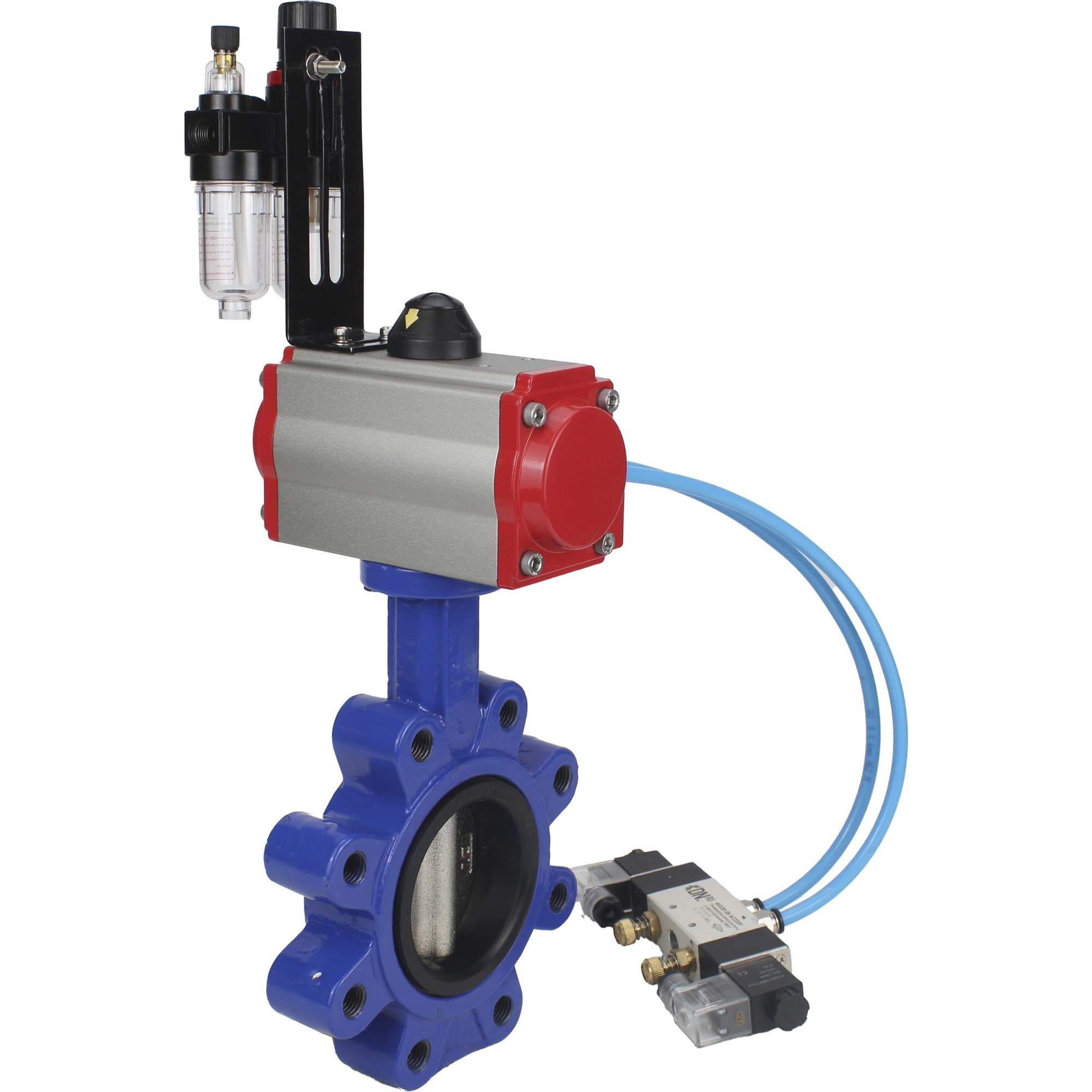 Затвор дисковый поворотный QT450-304-EPDM-2W-Fb-H Ду50 Ру16 корпус чугун QT450, диск нержавеющая сталь 304, уплотнение EPDM, с пневмоприводом SA-083, пневмораспределителем PND1-S2EM-52-2-T08-220VAC и БПВ APU1-10-40-V08